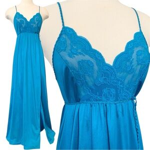 Vintage Gilead Silky Nylon Lace Blue Long Nightgown 70s Maxi Gown Slip Dress 🔥